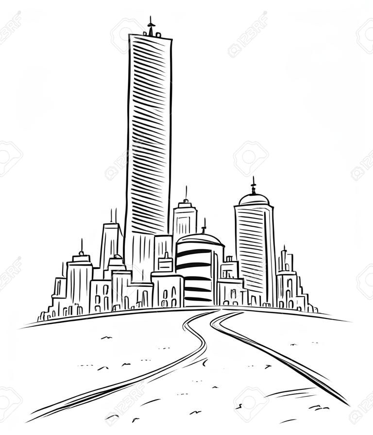 Vector drawing of group of generic modern high rise buildings in far and road leading there. Business concept of career and success.