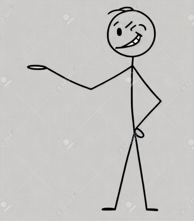 Cartoon stick figure drawing conceptual illustration of smiling and winking man or businessman pointing his hand and offering or showing something.