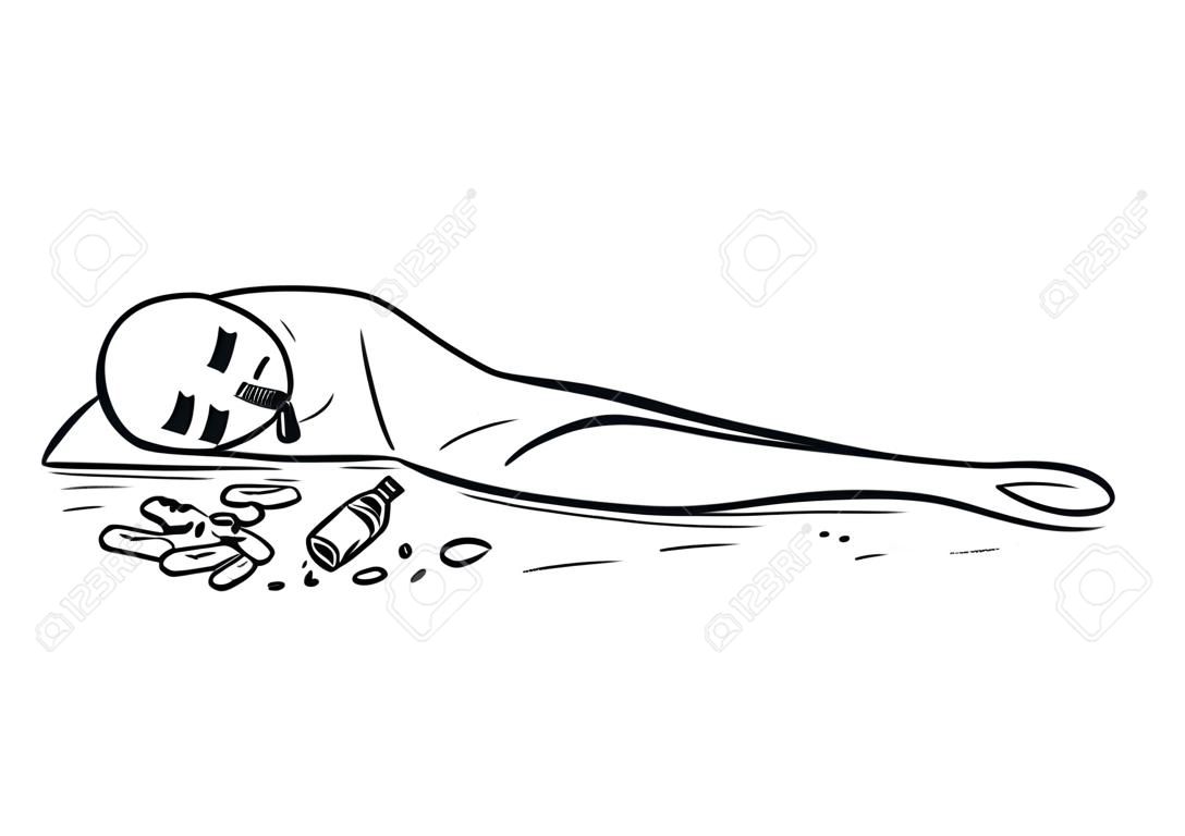 Cartoon stick figure drawing conceptual illustration of drunk or drunken man lying on the ground and vomit, throw up or puke.