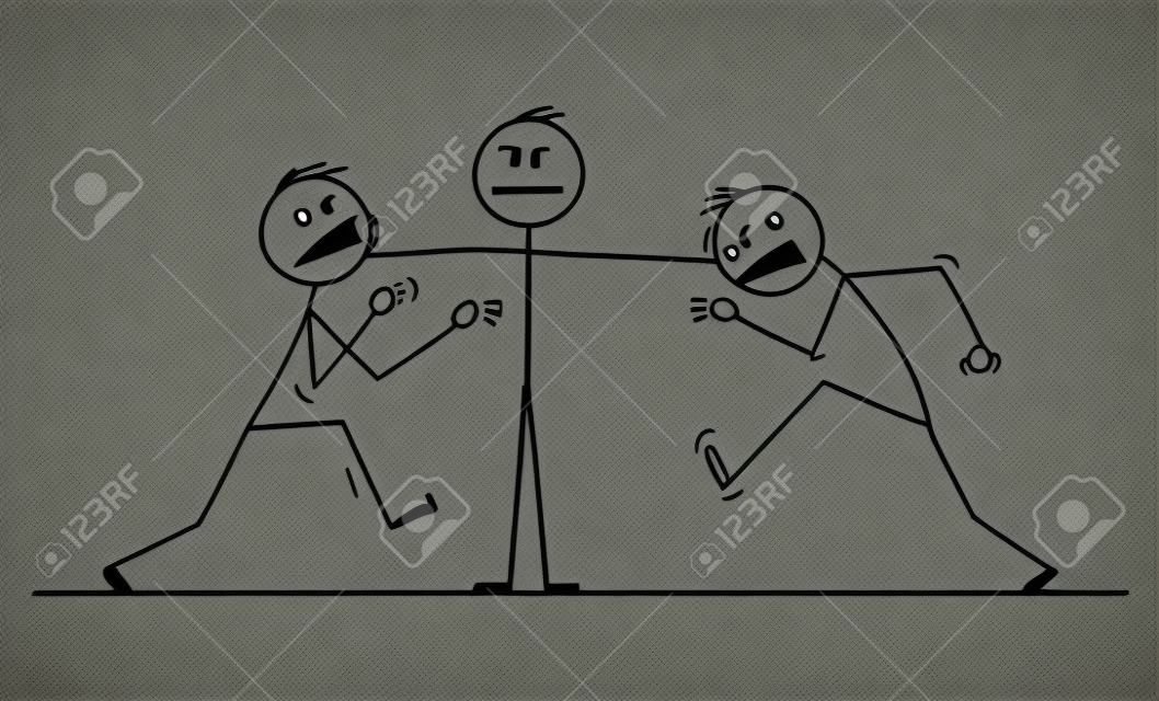 Vector cartoon stick figure dessin illustration conceptuelle d'un homme, d'un homme d'affaires ou d'un gestionnaire ou d'un chef arrêtant le combat de deux collègues en colère. Notion de direction.