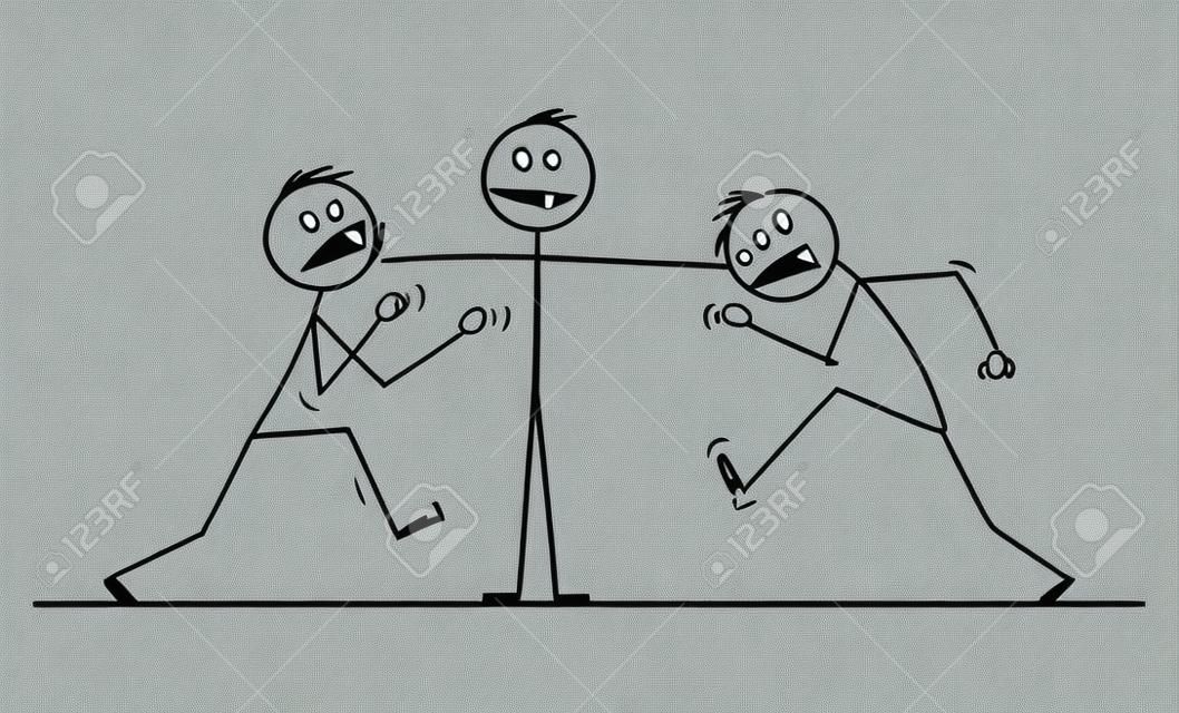 Vector cartoon stick figure drawing conceptual illustration of man, businessman or manager or leader stopping fight of two angry colleagues. Concept of leadership.