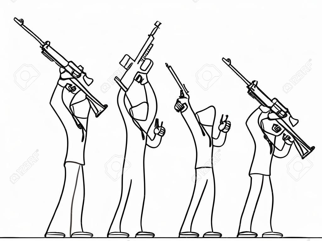 Ilustração conceitual de grupo ou multidão de soldados ou pessoas armadas com armas demonstrando ou brandish com pistolas e rifles.