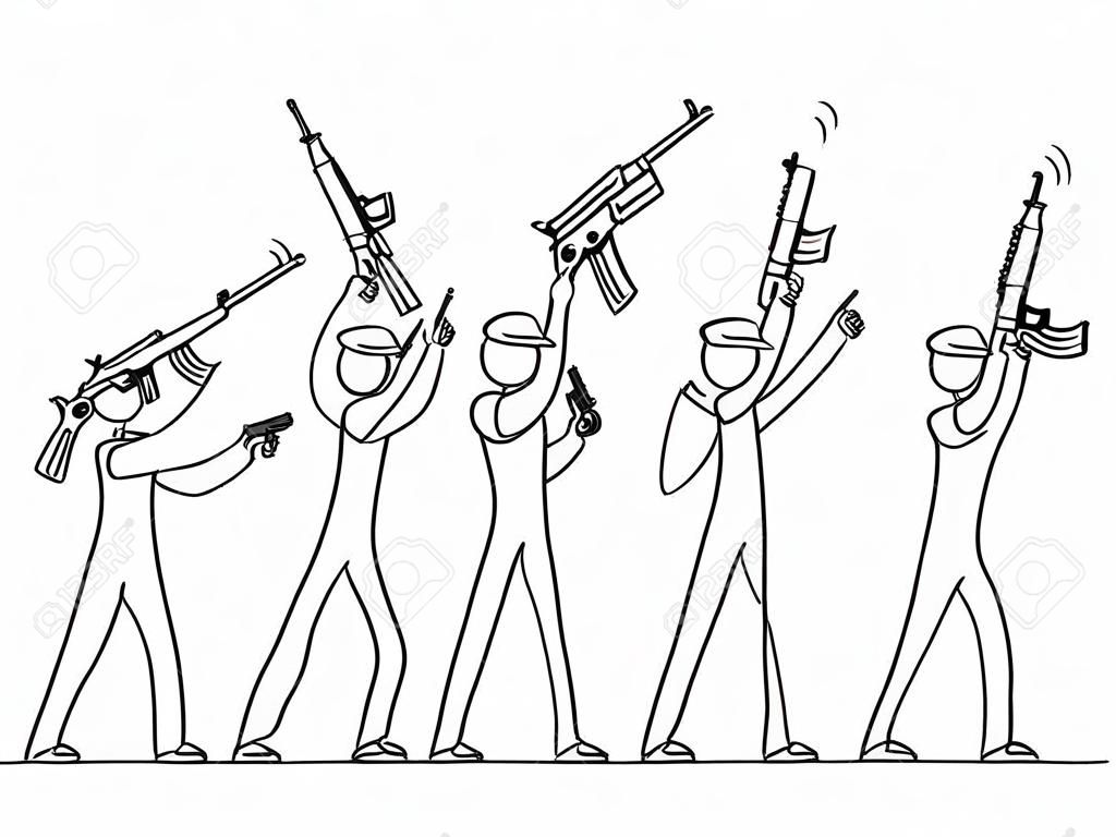 Vector cartoon stick figure dessin illustration conceptuelle d'un groupe ou d'une foule de soldats ou de personnes armées avec des armes à feu démontrant ou brandissant des pistolets et des fusils.