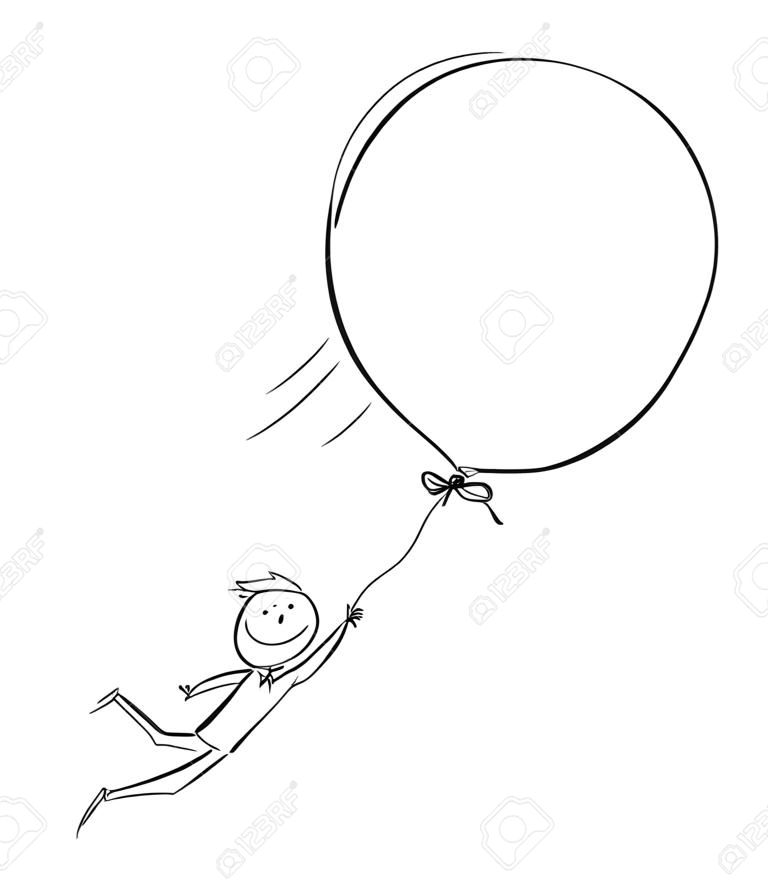 Vector cartoon stick figure drawing conceptual illustration of man or businessman holding balloon and flying free. Concept of dreams,creativity and freedom.