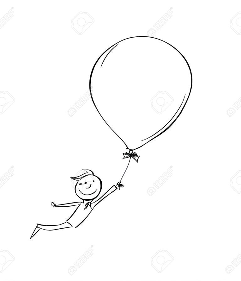 Ilustração conceitual do homem ou homem de negócios segurando balão e voando livre. Conceito de sonhos, criatividade e liberdade.