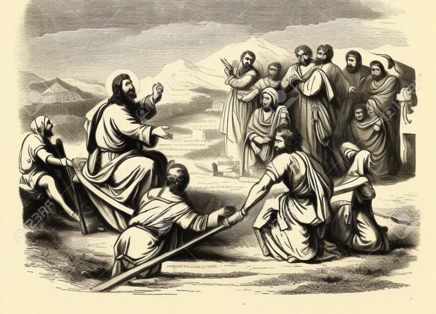 ゲートで群衆を教えるイエスの聖書の物語のヴィンテージドローイングや彫刻。種まきのたとえ。聖書,新約聖書,マタイ13,マルコ4,ルカ8.ビブリッシュ・ゲシヒテ、ドイツ1859年。