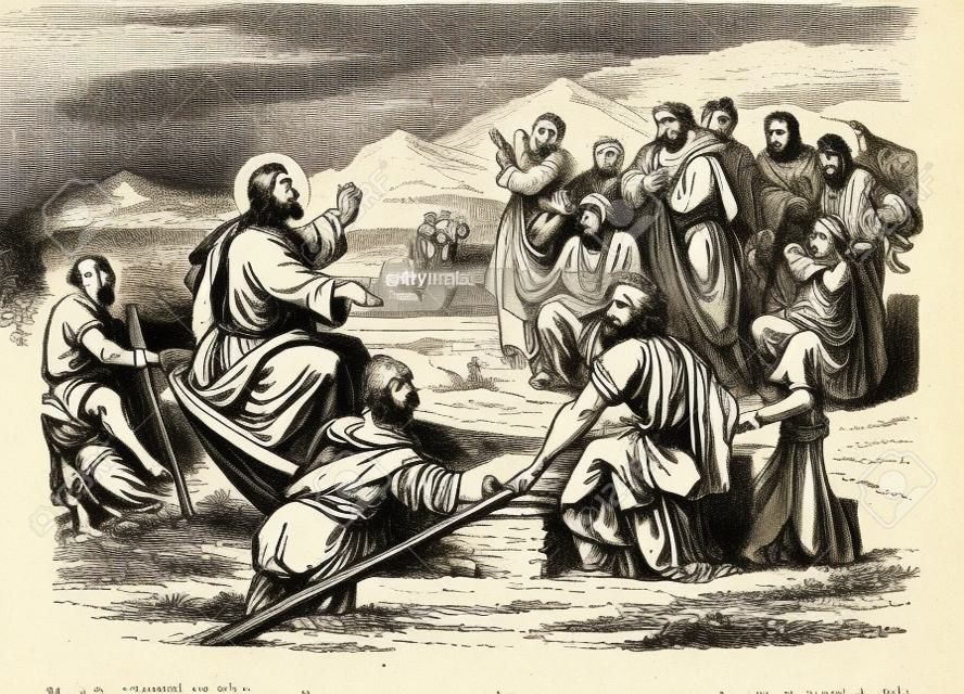 ゲートで群衆を教えるイエスの聖書の物語のヴィンテージドローイングや彫刻。種まきのたとえ。聖書,新約聖書,マタイ13,マルコ4,ルカ8.ビブリッシュ・ゲシヒテ、ドイツ1859年。