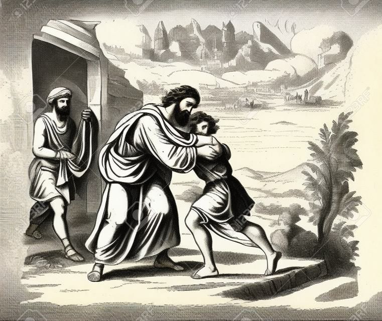 ヴィンテージドローイングやイエスの聖書の物語の彫刻と失われた息子のたとえ。父は家で亡くなった息子を迎えています。聖書,新約聖書,ルカ15.ビブリッシュ・ゲシヒテ、ドイツ1859年。