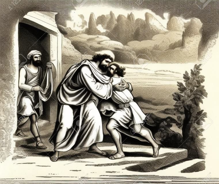 Vintage drawing or engraving of biblical story of Jesus and parable of lost son. Father is welcoming his lost son at home.Bible,New Testament,Luke 15. Biblische Geschichte , Germany 1859.