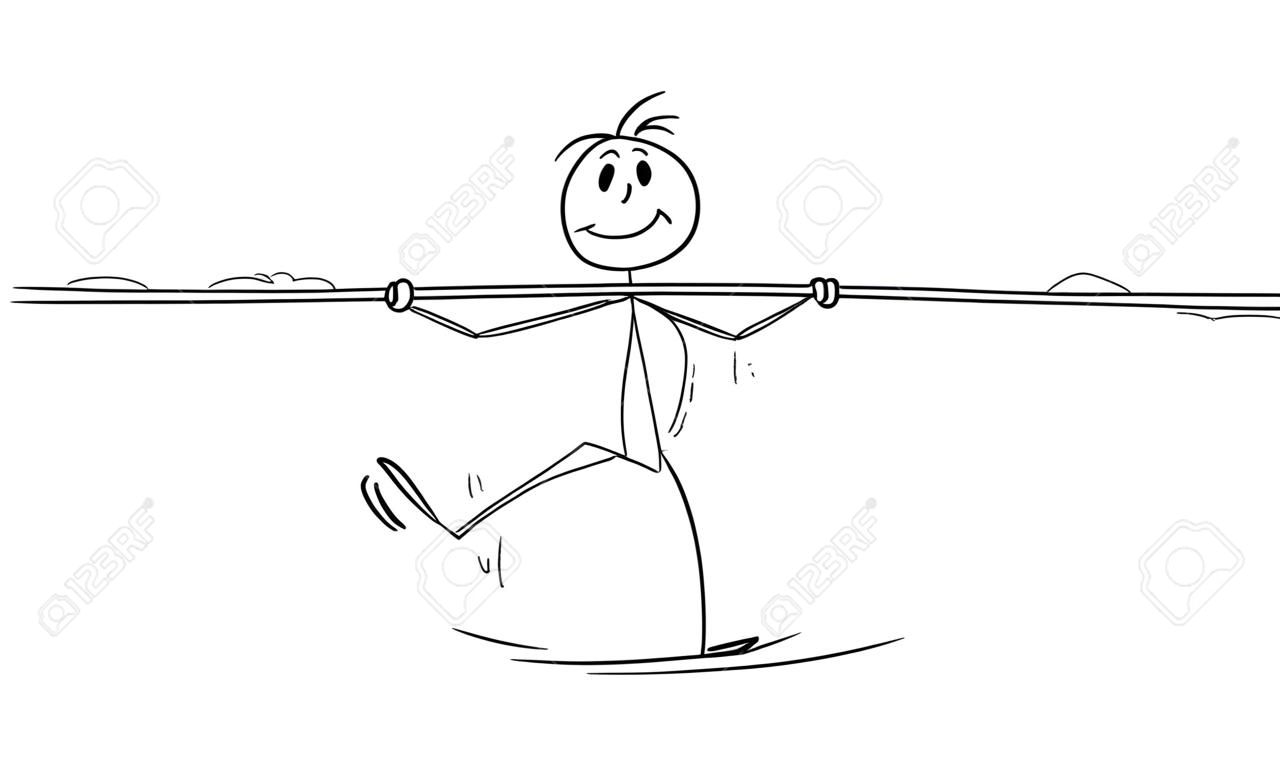 Vector cartoon stick figure drawing conceptual illustration of man, businessman, cirkus tightrope walker or ropewalker walking on rope with bar. Concept of risk and balance business.