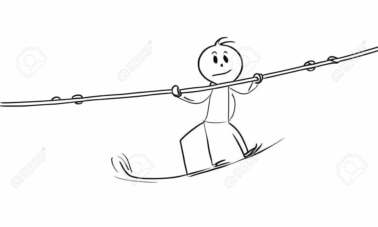 Vector cartoon stick figure drawing conceptual illustration of man, businessman, cirkus tightrope walker or ropewalker walking on rope with bar. Concept of risk and balance business.