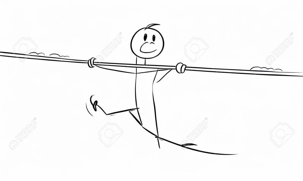 ベクトル漫画の棒の図は、人間、ビジネスマン、サークス綱渡りやロープウォーカーがバーでロープを歩く概念的なイラストを描いています。リスクとバランスのビジネスの概念。