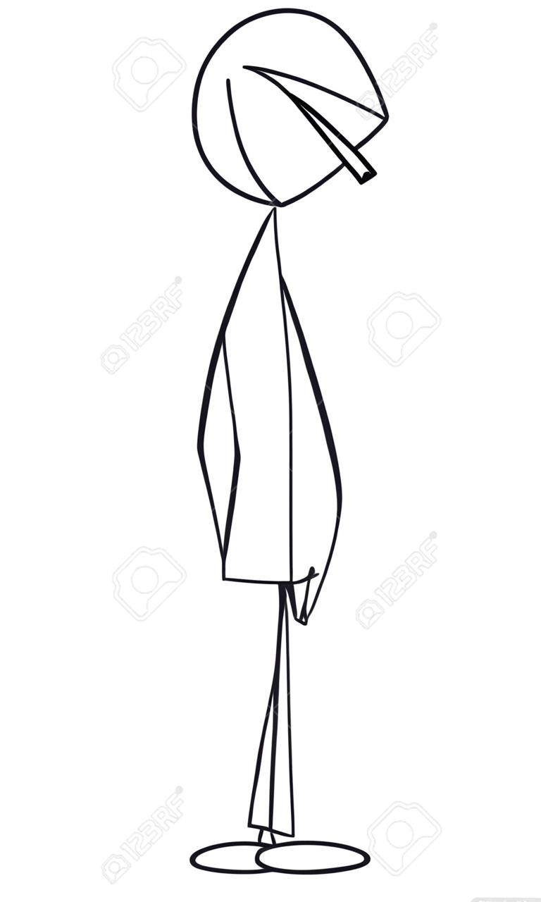 Vector cartoon stick figure drawing conceptual illustration of bored tough man or guy with cigarette or cigar and hands in pockets.