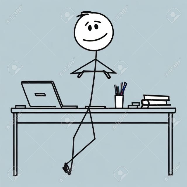 Vector cartoon stick figure drawing conceptual illustration of successful, happy and confident man, entrepreneur or businessman leaning towards office desk with arms crossed.