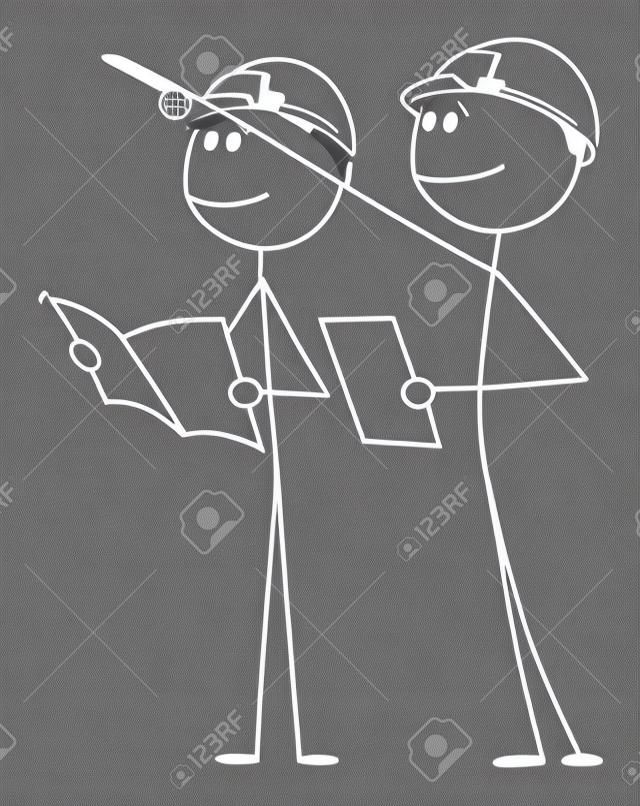 Vector cartoon stick figure drawing conceptual illustration of two construction industry workers or engineers studying plans, pointing and consulting building details.