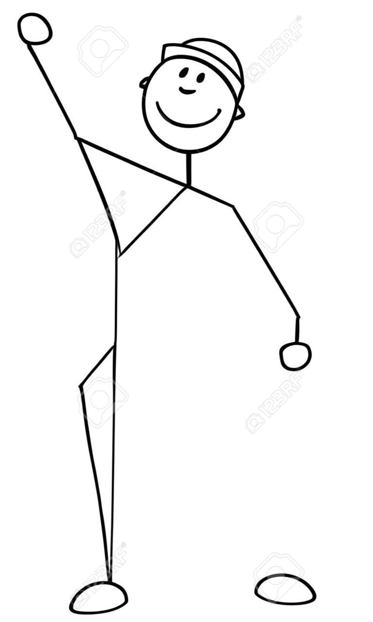 Vector cartoon stick figure drawing conceptual illustration of construction worker, man or businessman in safety helmet showing thumb up gesture.