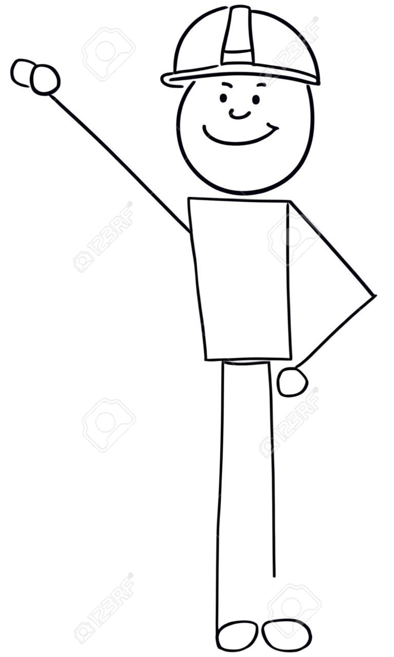 Vector cartoon stick figure drawing conceptual illustration of construction worker, man or businessman in safety helmet showing thumb up gesture.