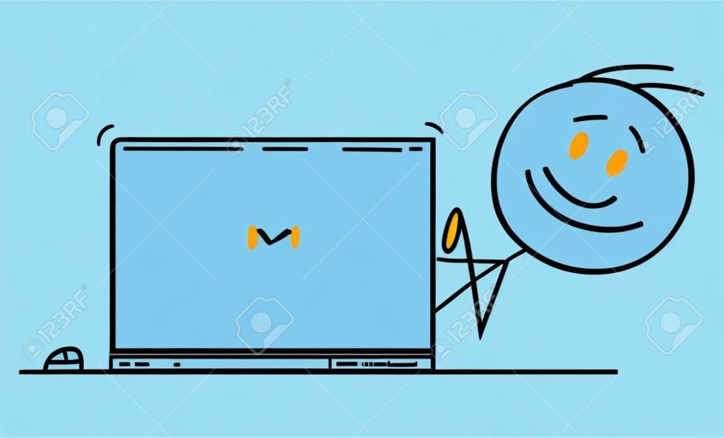 벡터 만화 막대기 그림은 웃는 행복한 사람, 회사원 또는 사업가가 컴퓨터에 타이핑하고 노트북 뒤에서 바라보는 개념적 그림을 그립니다.