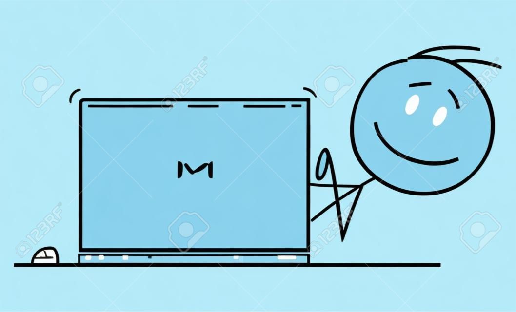 笑顔の幸せな男、サラリーマン、またはコンピューターで入力し、ラップトップの後ろから見ているビジネスマンの概念図を描くベクトル漫画棒人間。