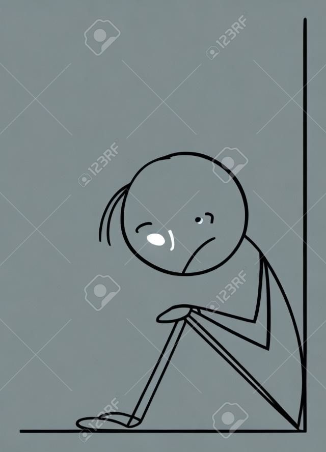 Image vectorielle illustration de dessin animé en bâton d'un homme déprimé, triste, frustré ou malade assis seul dans un coin. Concept d'aide, de psychologie ou de relation.