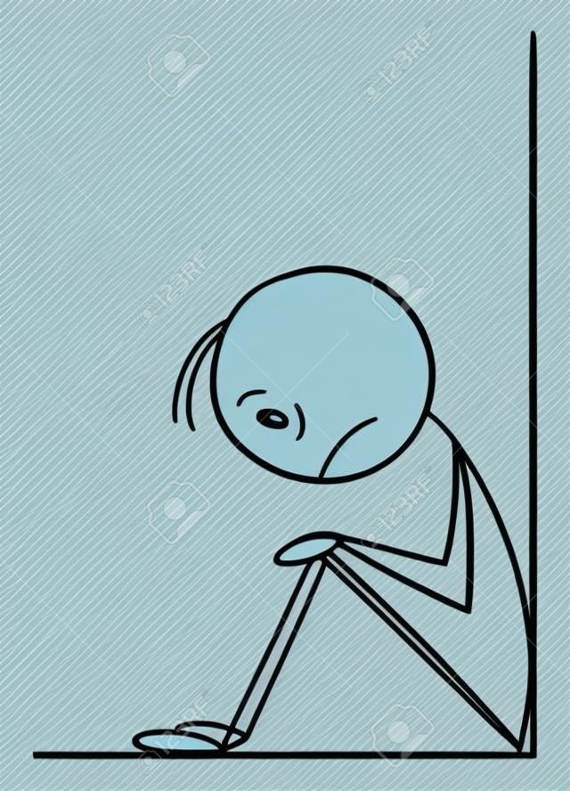 Vektor-Cartoon-Strichmännchen-Illustration eines depressiven, traurigen, frustrierten oder kranken Mannes, der allein in der Ecke sitzt. Konzept der Hilfe, Psychologie oder Beziehung.