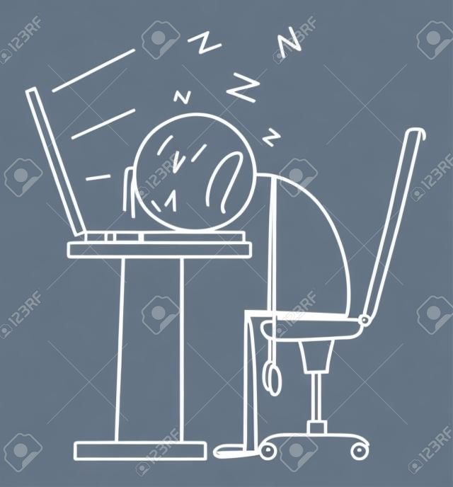 Sleeping on Computer Keyboard, Tired or Overworked Office Worker or Businessman in Office, Vector Cartoon Stick Figure Illustration