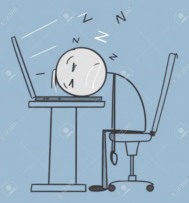 Sleeping on Computer Keyboard, Tired or Overworked Office Worker or Businessman in Office, Vector Cartoon Stick Figure Illustration