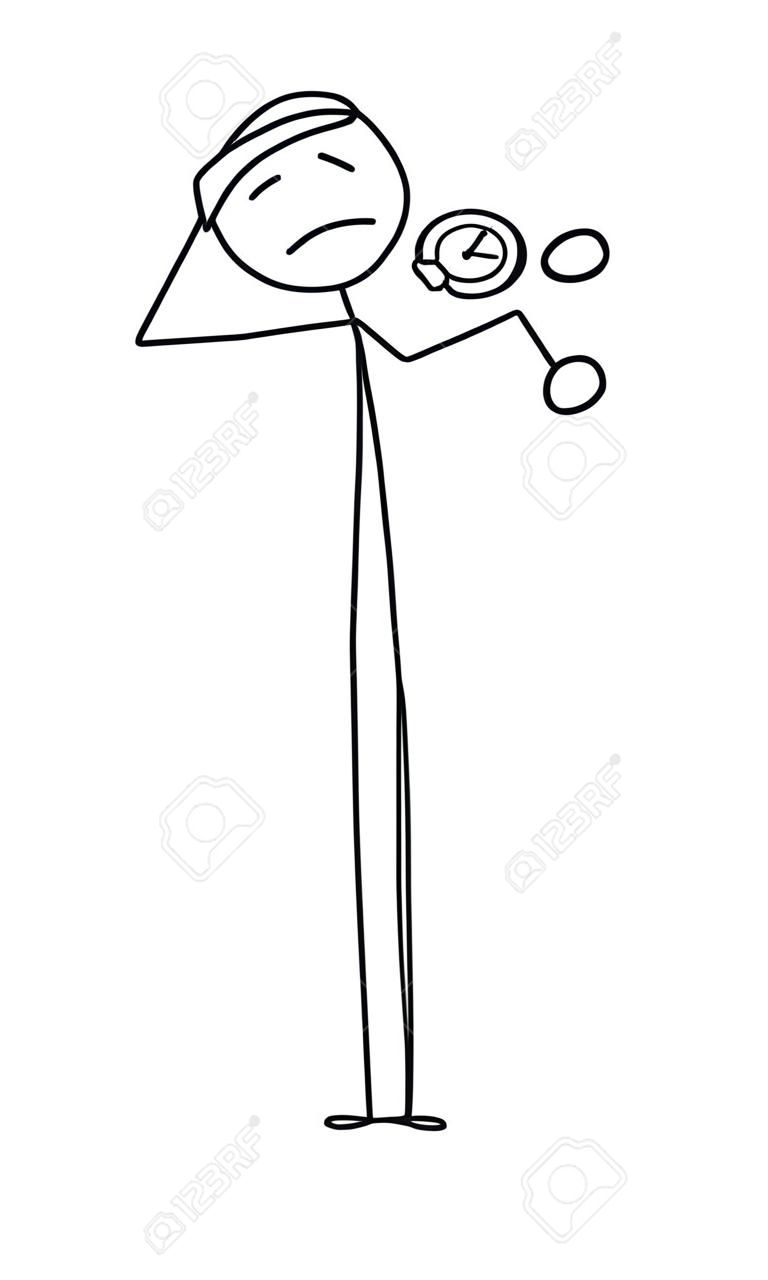 Worried Man or Businessman Watching Wristwatch, Vector Cartoon Stick Figure Illustration
