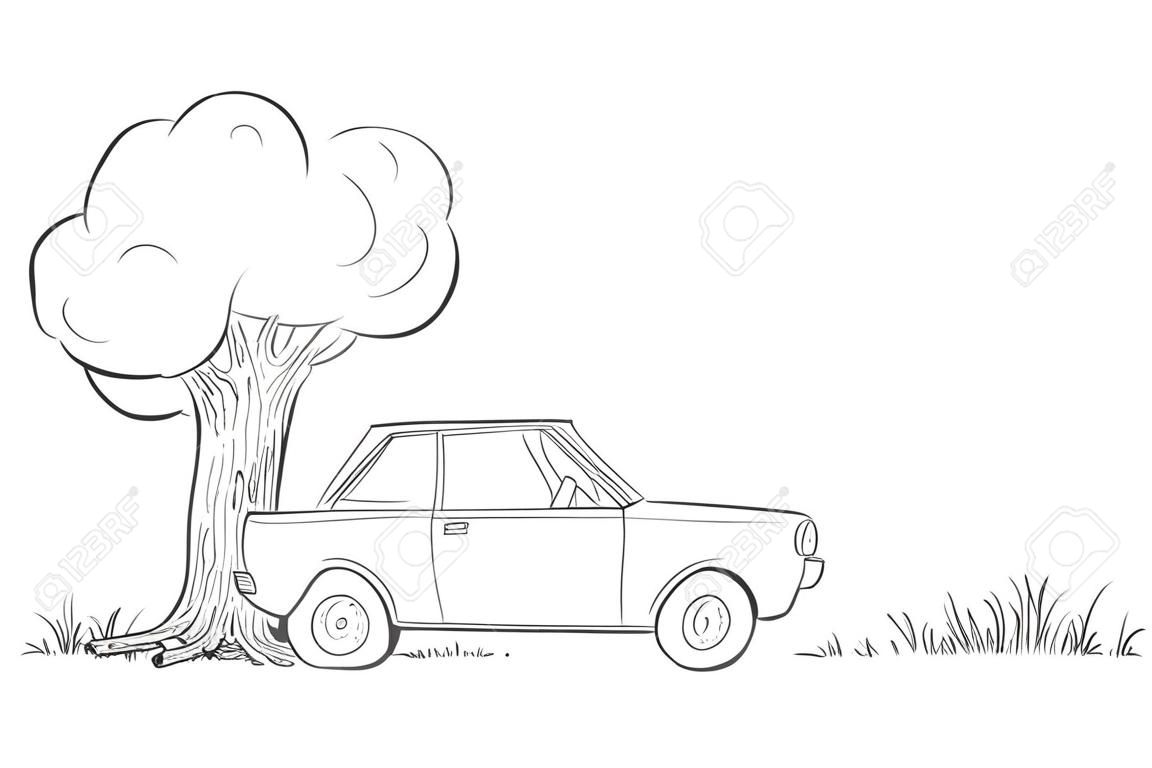 Auto-ongeluk in boom, gefrustreerd en gedeprimeerd bestuurder wacht op assistentie, Vector Cartoon Stick figuur illustratie