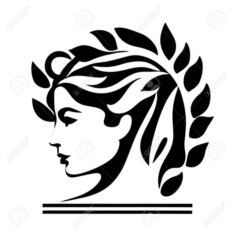 Girl with wreath on head. Silhouette. Vector illustration.
