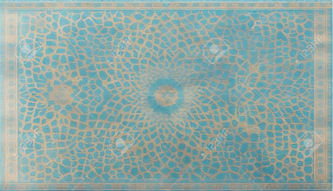 Texture de tapis persan, ornement abstrait. Motif de mandala rond, Texture de tissu de tapis traditionnel moyen-oriental. Turquoise bleu laiteux gris brun jaune