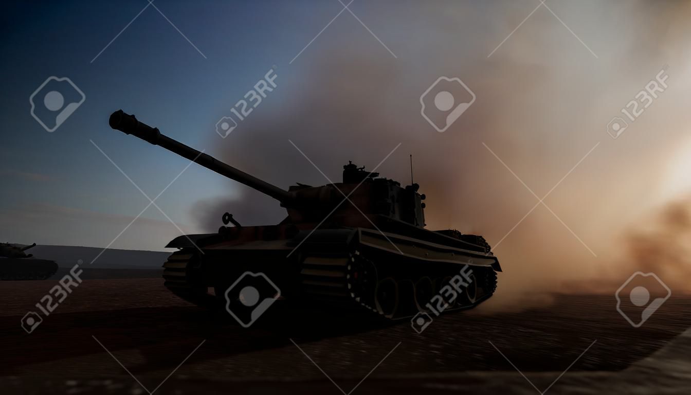 War Concept. Military silhouettes fighting scene on war fog sky background, World War Soldiers Silhouettes Below Cloudy Skyline at sunset. Attack scene. Armored vehicles. German tank in action