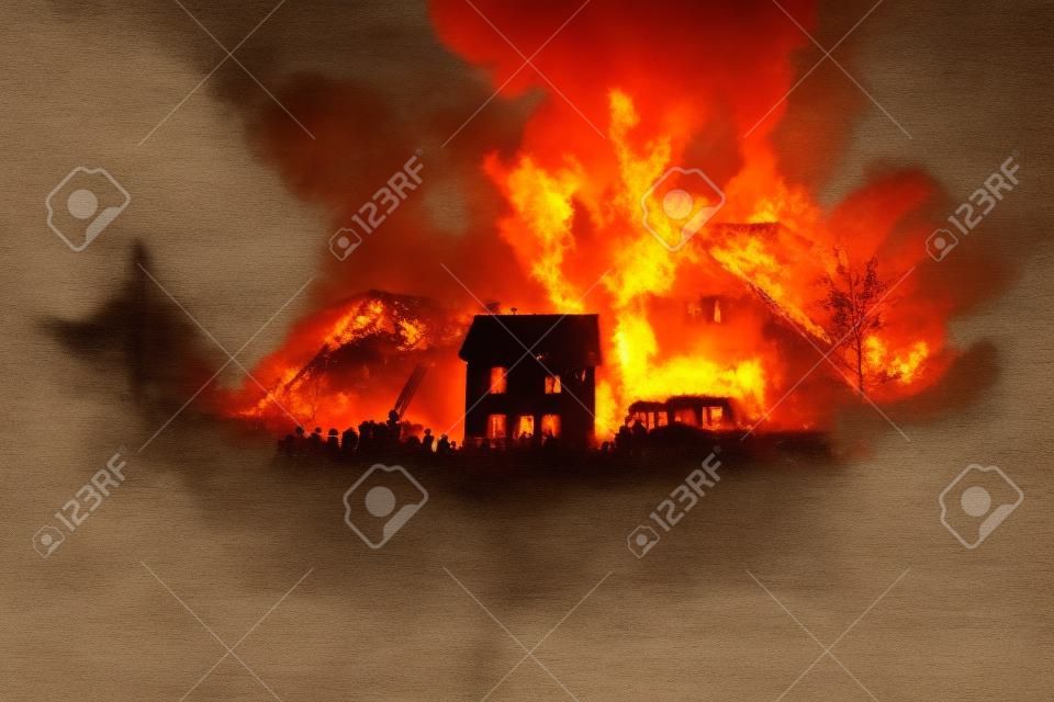 Concepto de seguridad contra incendios. Enorme casa de distracción de llamas en llamas. Camión de bomberos con escalera y bombero tratando de salvar la casa. Bombero en el trabajo. Siluetas de una gran multitud de personas mirando el fuego por la noche.