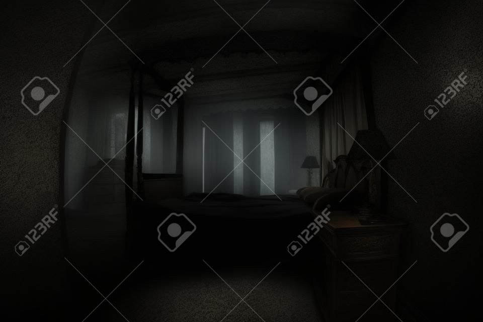 Przerażająca sceneria sypialni, Antyczna przerażająca sypialnia z oknem. Ciemny pokój. Koncepcja horroru