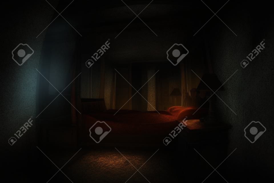 Un paisaje de dormitorio espeluznante, dormitorio de miedo antiguo con ventana. Cuarto oscuro. Concepto de terror