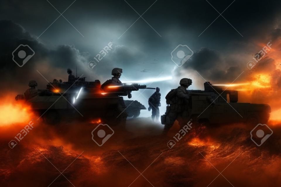 Koncepcja wojny scena bitwy na tle nieba mgła wojenna walczące sylwetki poniżej pochmurnej linii horyzontu w nocy Pojazd wojskowy z dekoracją graficzną żołnierzy