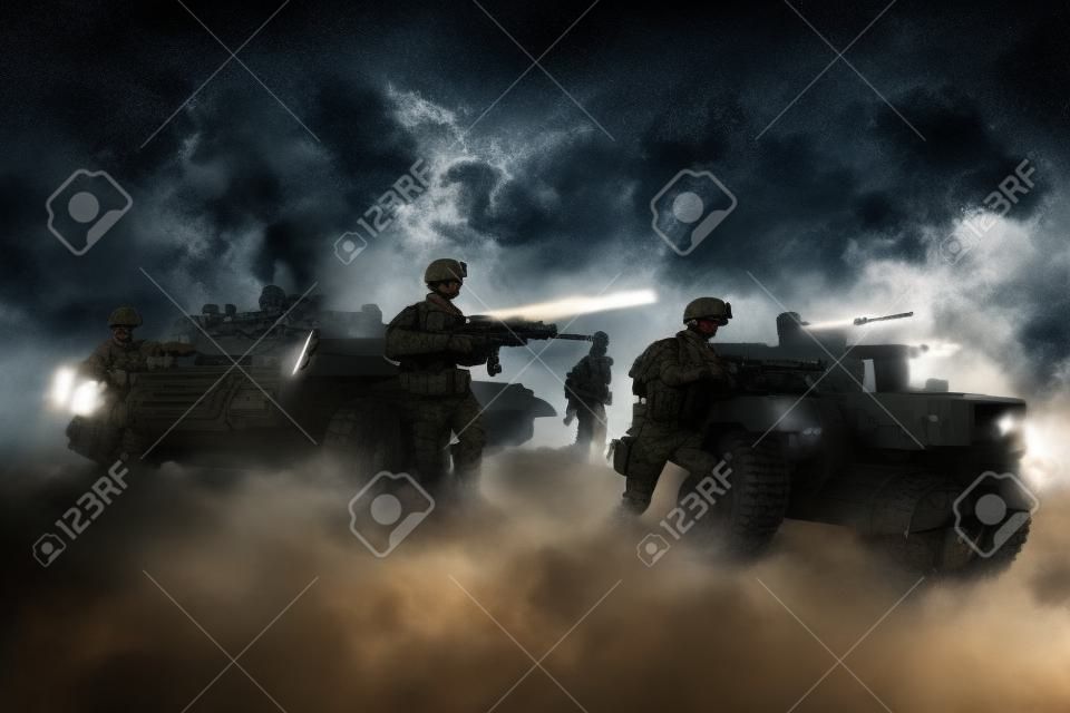 Koncepcja wojny scena bitwy na tle nieba mgła wojenna walczące sylwetki poniżej pochmurnej linii horyzontu w nocy Pojazd wojskowy z dekoracją graficzną żołnierzy