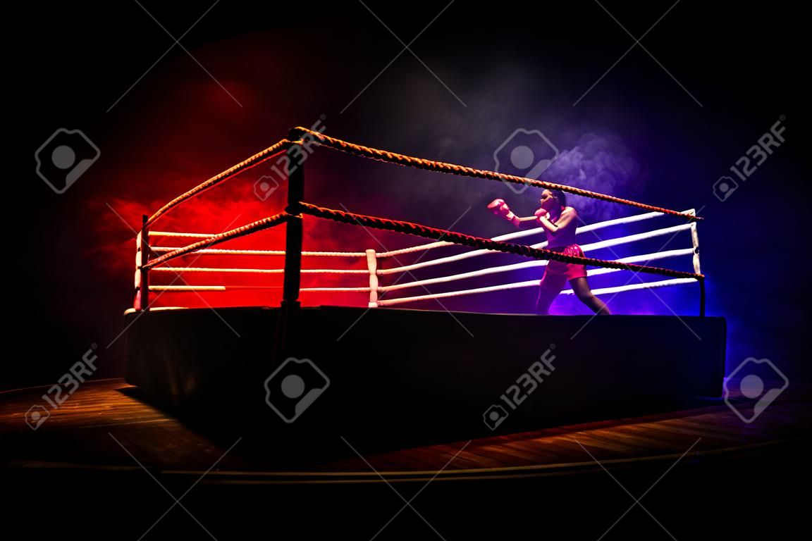 Homme et femme boxant sur le ring. Notion de sport. Décoration d'œuvres d'art avec des jouets sur fond sombre aux tons brumeux.