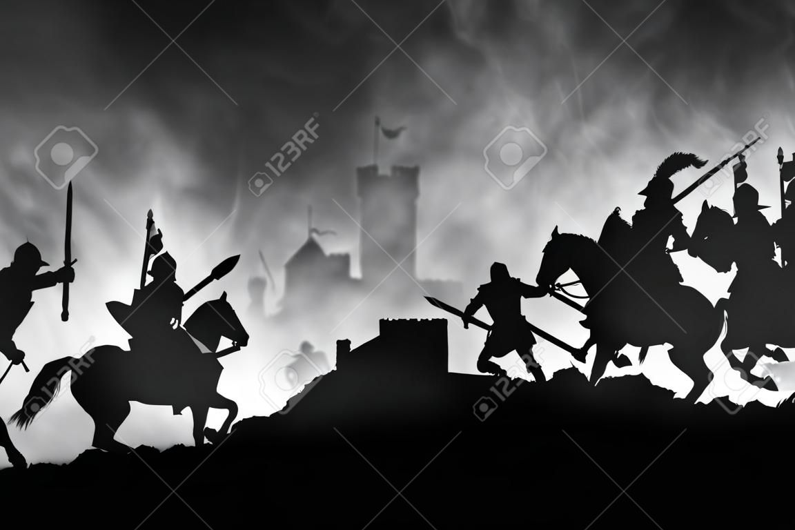 Medieval battle scene with cavalry and infantry. Silhouettes of figures as separate objects, fight between warriors on dark toned foggy background with medieval castle. Selective focus