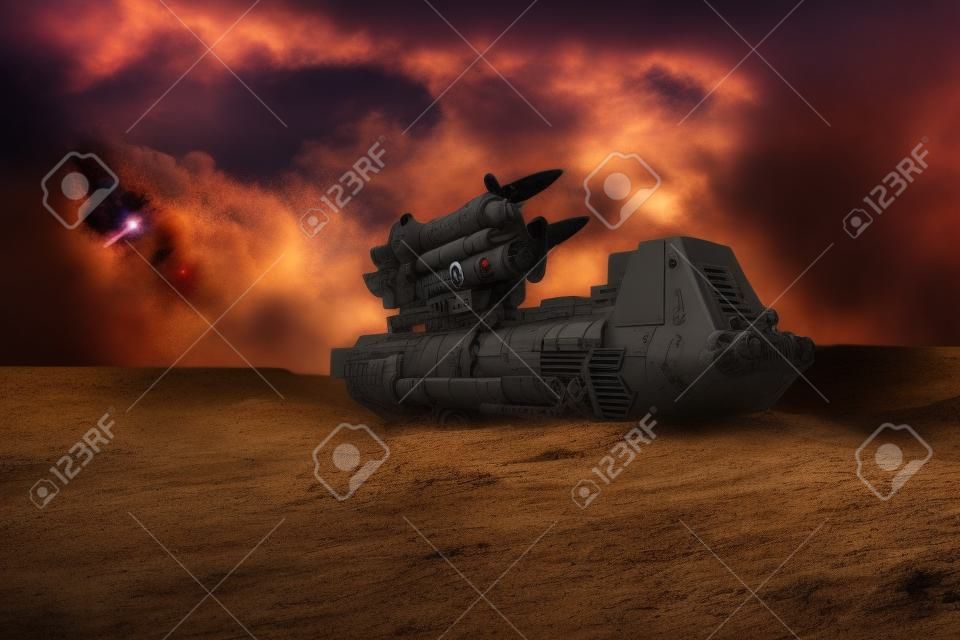 War concept. Battle scene with rocket launcher aimed at gloomy sky at sunset time. Rocket vehicle ready to attack on cloudy war Background. Selective focus
