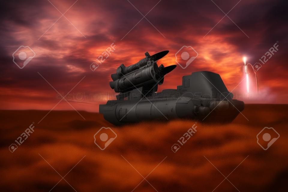War concept. Battle scene with rocket launcher aimed at gloomy sky at sunset time. Rocket vehicle ready to attack on cloudy war Background. Selective focus