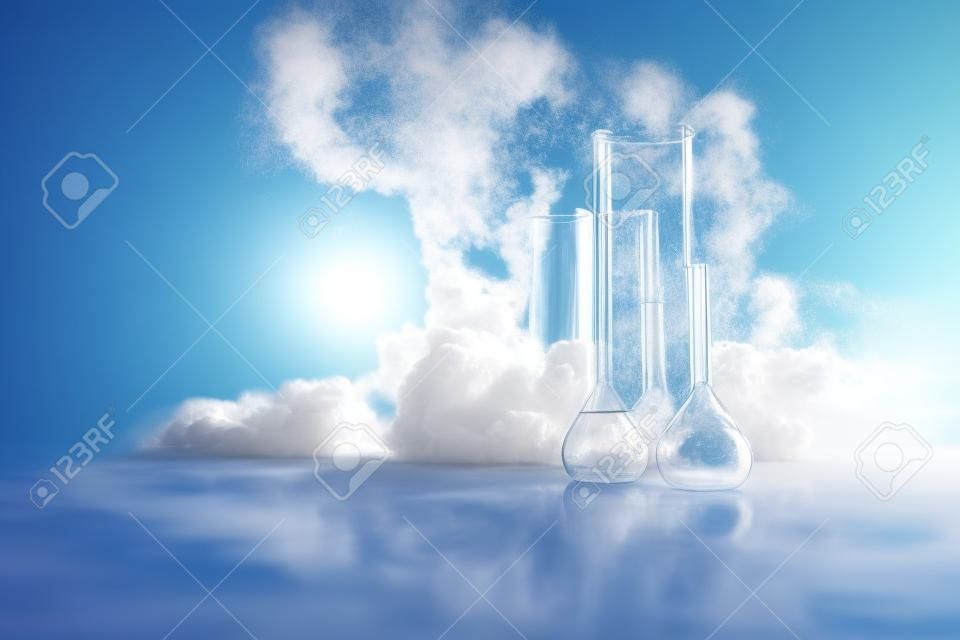 Pharmacy and chemistry theme. Test glass flask with solution in research laboratory. Science and medical background. Laboratory test tubes on abstract explosion cloud background. Selective focus