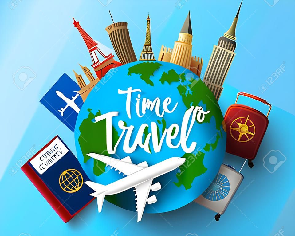 ベクトルコンセプトデザインを移動する時間。旅行と世界の国のランドマーク要素と地球のテキストを旅行する時間は、青の背景に休暇旅行やツアーの冒険。ベクターの図。