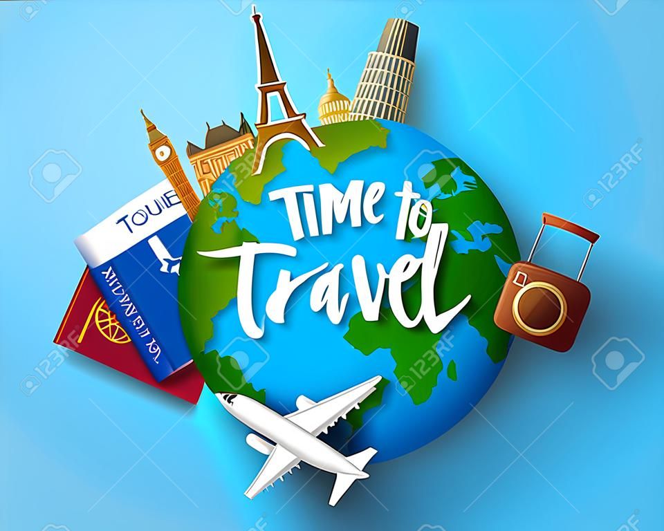 Time to travel vector concept design. Time to travel text in globe with travelling and world country landmark elements for vacation trip and tour adventure in blue background. Vector illustration.