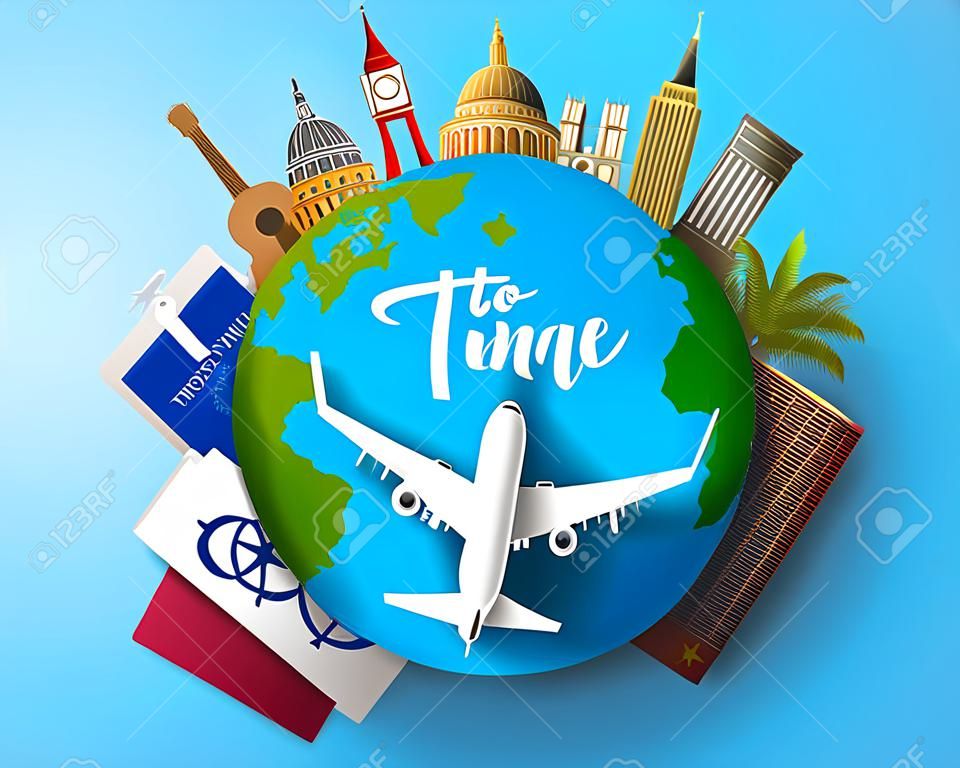 Time to travel vector concept design. Time to travel text in globe with travelling and world country landmark elements for vacation trip and tour adventure in blue background. Vector illustration.