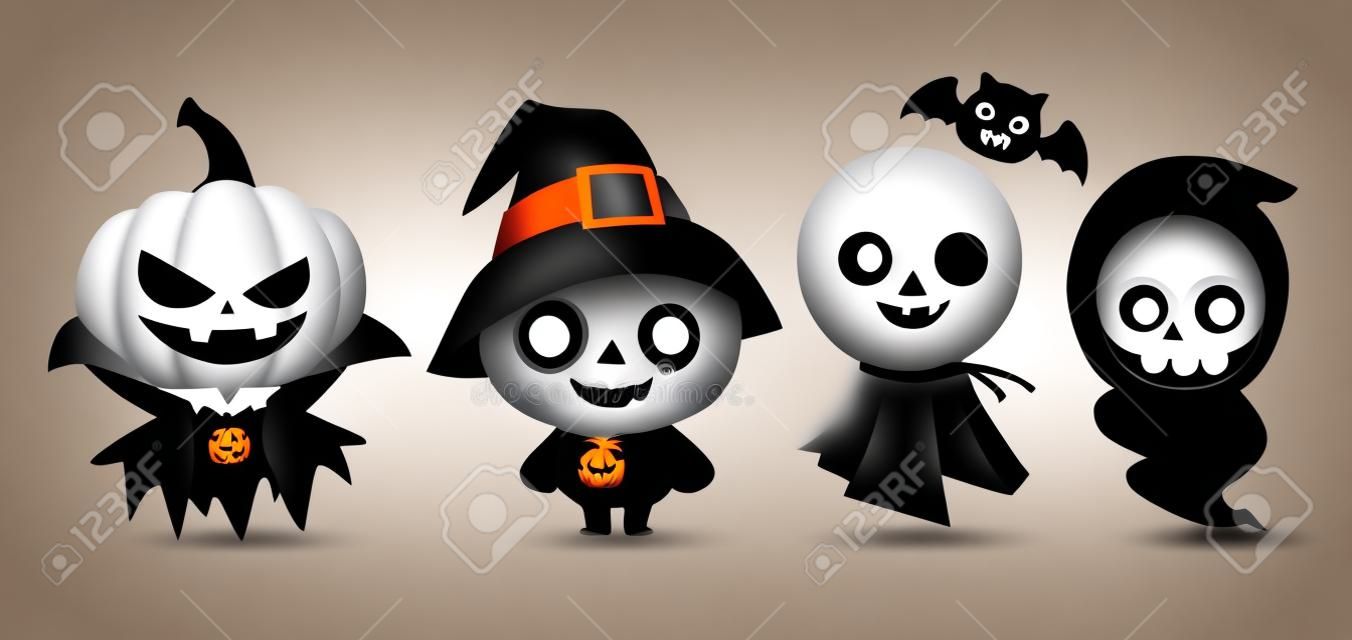 Halloween character vector set. Halloween characters like pumpkin vampire, teddy bear, ghost and grim reaper isolated in white background for horror 3d collection design. Vector illustration