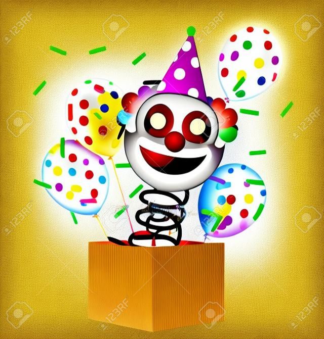 Jack in the box birthday vector design. Smiley clown toy in the box with balloons pattern and spring surprise elements for birth day emoji gift celebration. Vector illustration.