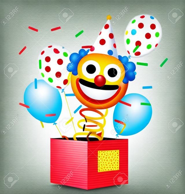 Jack in the box birthday vector design. Smiley clown toy in the box with balloons pattern and spring surprise elements for birth day emoji gift celebration. Vector illustration.