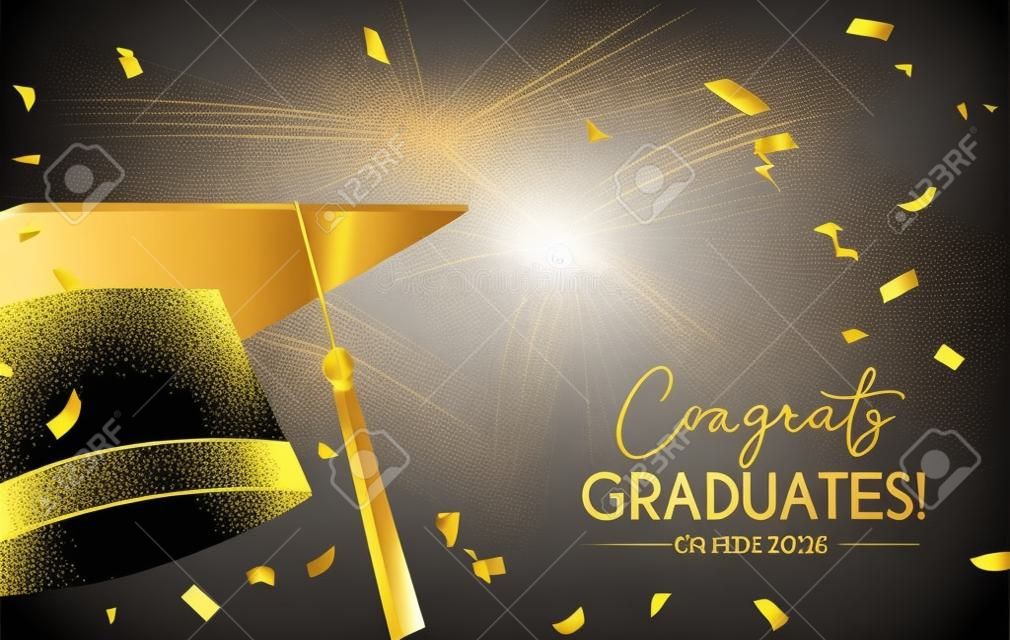 Graduation greeting vector background design. Congrats graduates text with 3d mortarboard cap and elegant gold confetti for graduation ceremony messages. Vector illustration.