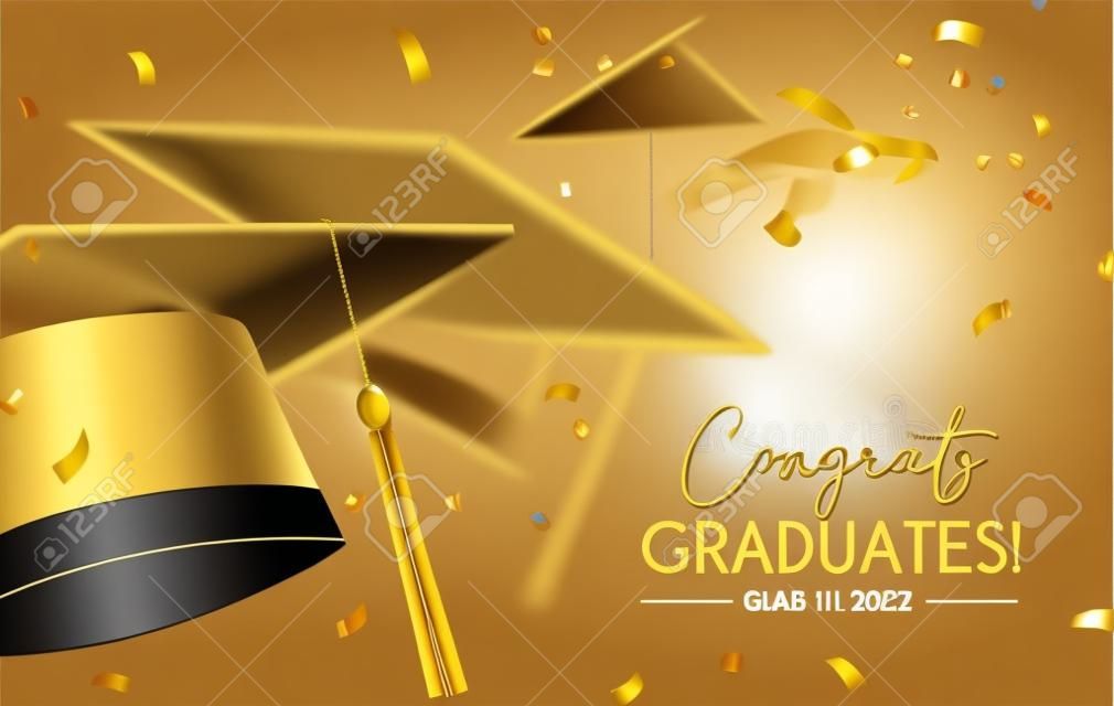 Graduation greeting vector background design. Congrats graduates text with 3d mortarboard cap and elegant gold confetti for graduation ceremony messages. Vector illustration.